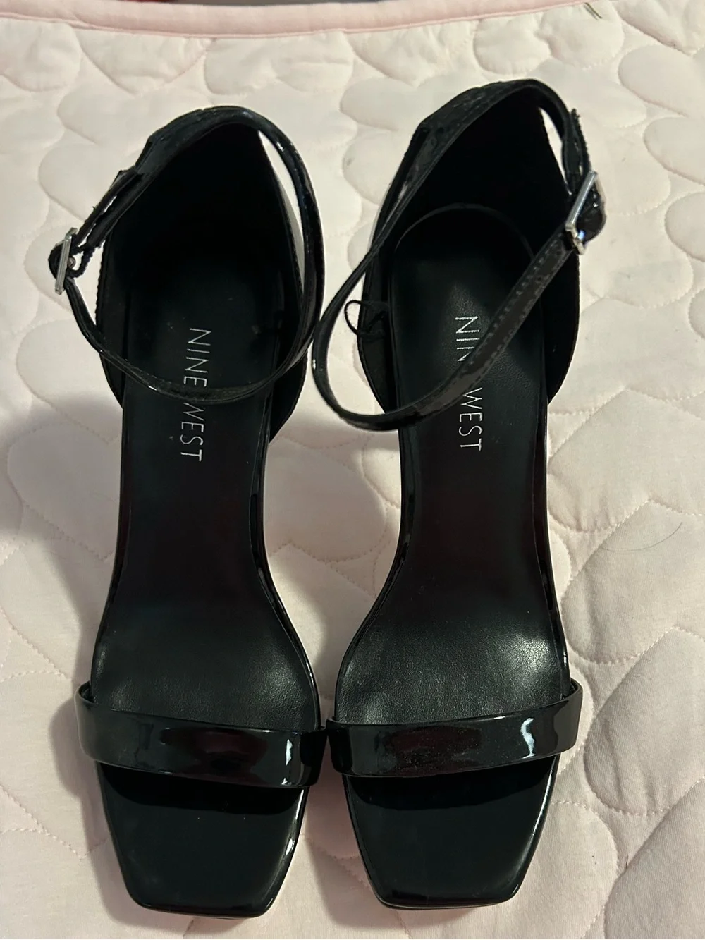 Nine West Black Patent Square-Toe Ankle-Strap Heels